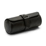 Black leather cylindrical watch roll with three compartments, metal buckle closure, and stitched seams.