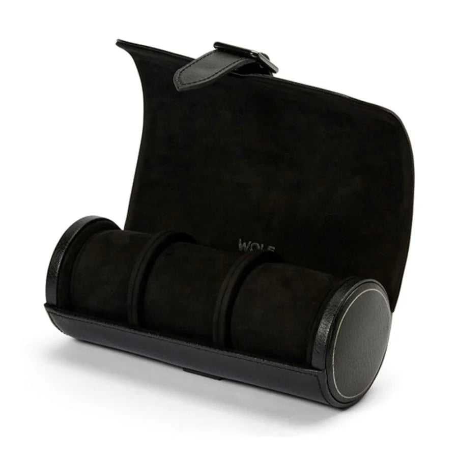 Black leather watch roll with three padded compartments and a magnetic closure strap.