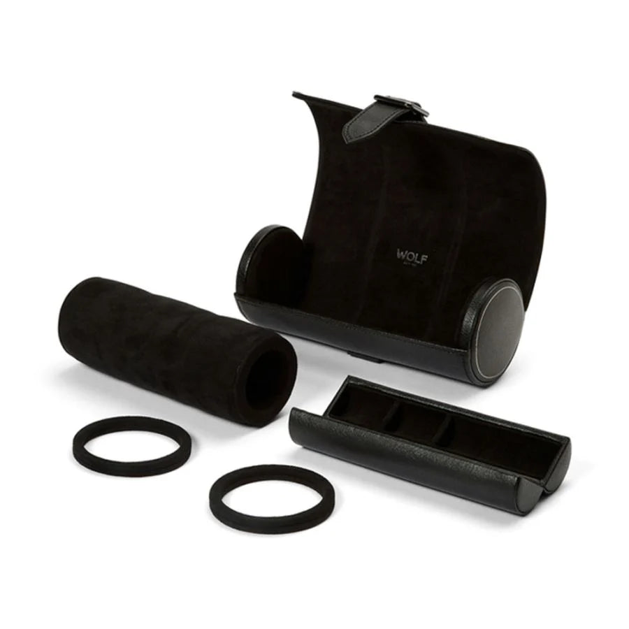 Black suede watch roll with three storage compartments, leather trim, and two elastic bands.