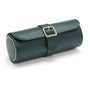 Dark green leather cylindrical watch roll with square buckle closure and interior compartments.