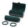 Dark green watch roll with metal clasp, cylindrical storage case, and two fabric rings for organizing timepieces.
