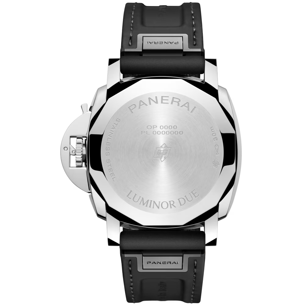 A close-up of the back of a Panerai Luminor Due Luna Rossa automatic watch highlights its polished stainless steel case, engraved branding, and black leather strap—powered by the P.900 calibre with a 3-day power reserve.