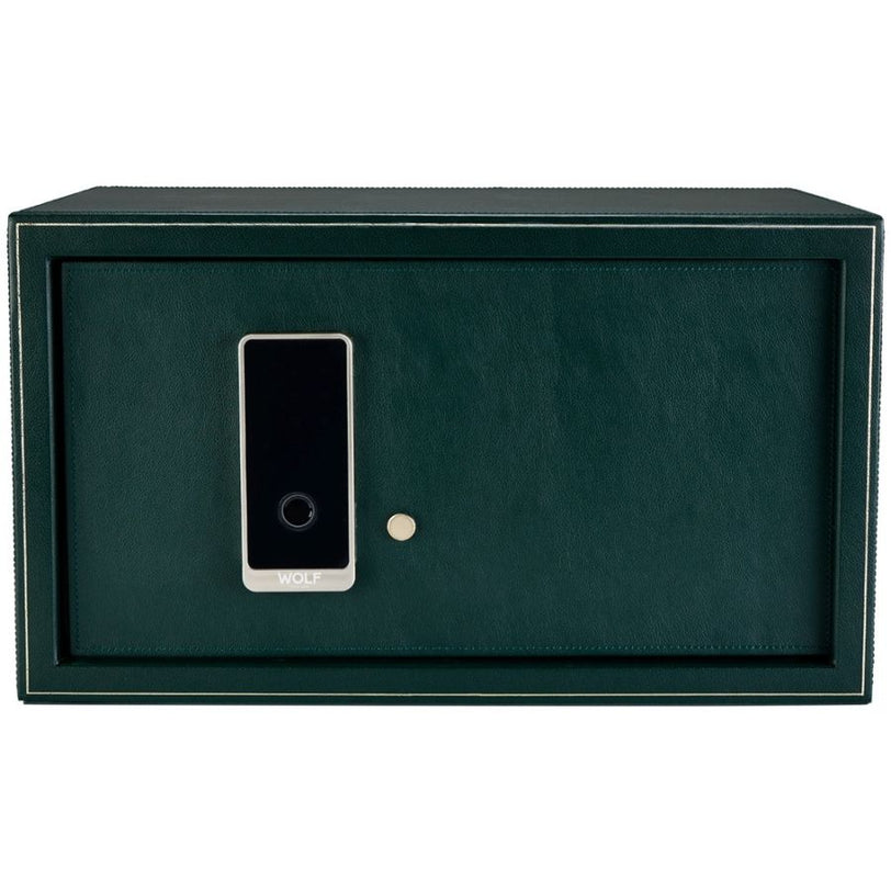 Dark green watch winder safe with digital touchscreen panel and Wolf branding on front face.