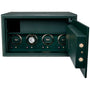 Green watch winder safe with four rotating watch compartments, control buttons, and brass hardware on the door.