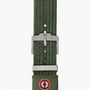 Green watch strap with silver buckle on a white background