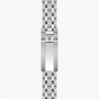 Stainless steel watch bracelet with three-link construction and shield logo clasp.