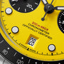 Men's watch with yellow dial, black chronograph subdials, white hour markers, and "200m/660ft Chronometer Officially Certifie