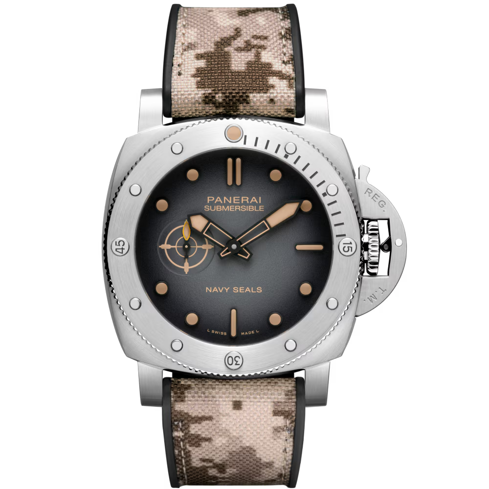 The Panerai Submersible QuarantaQuattro Navy SEALs is an automatic watch featuring a round black dial with beige markers and hands, set in a silver case with a camouflage fabric strap. It houses the P.900 calibre and offers a 3-day power reserve.