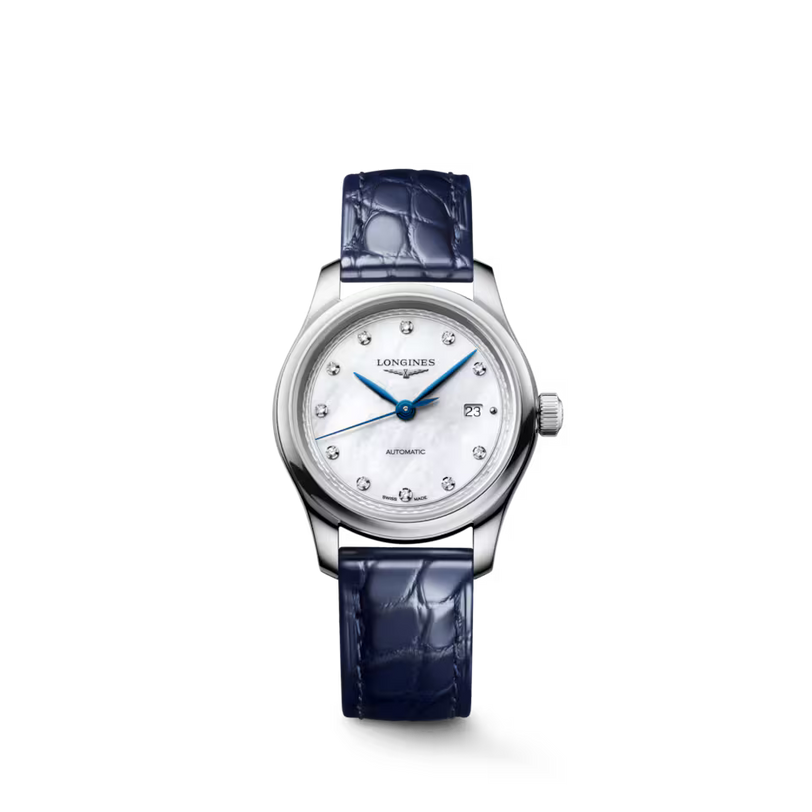 Master | 30mm, Stainless Steel, White mother-of-pearl Dial, Blue Alligator Leather,  Womens Watch