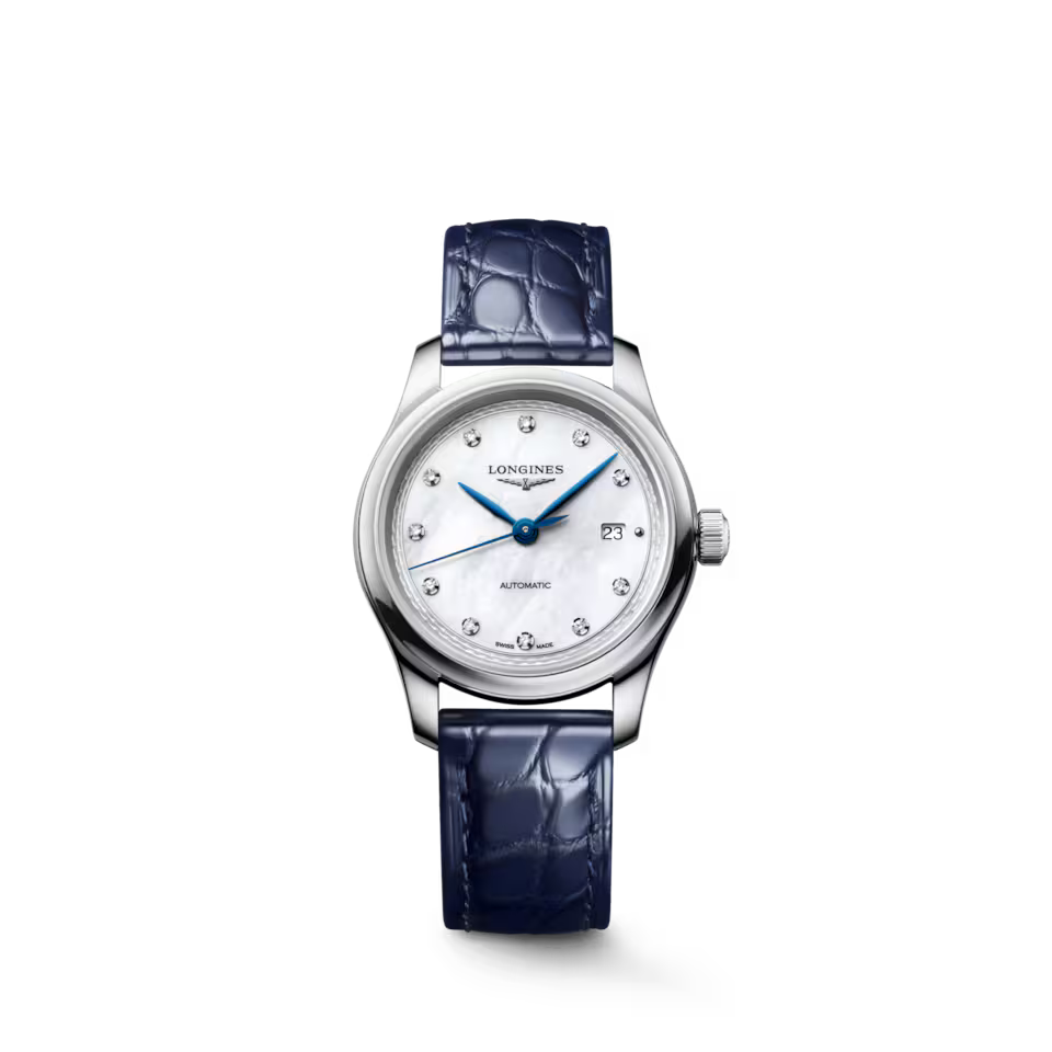 Master | 30mm, Stainless Steel, White mother-of-pearl Dial, Blue Alligator Leather,  Womens Watch