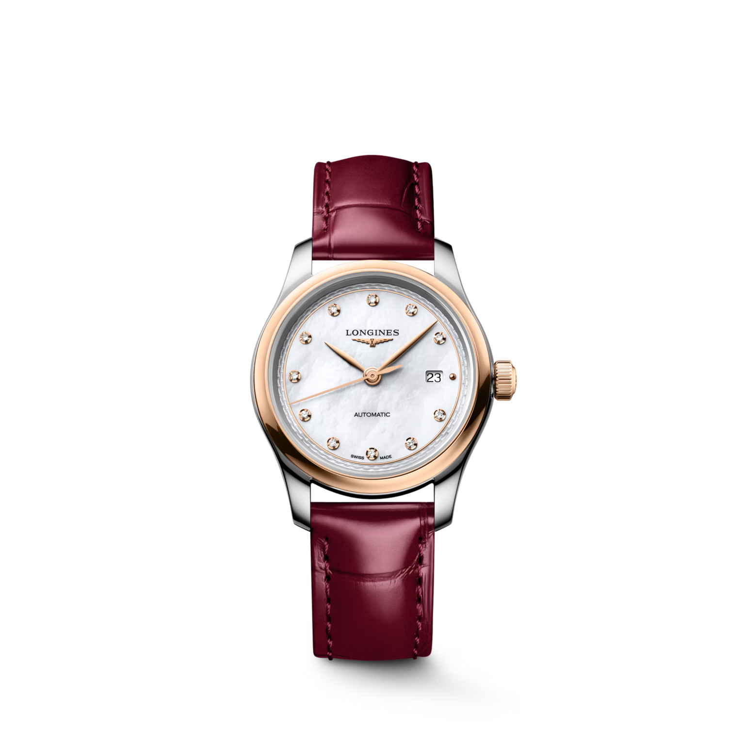 Master | 30mm, Stainless Steel and 18K Rose Gold, White mother-of-pearl Dial, Bordeaux Alligator Leather, Womens Watch