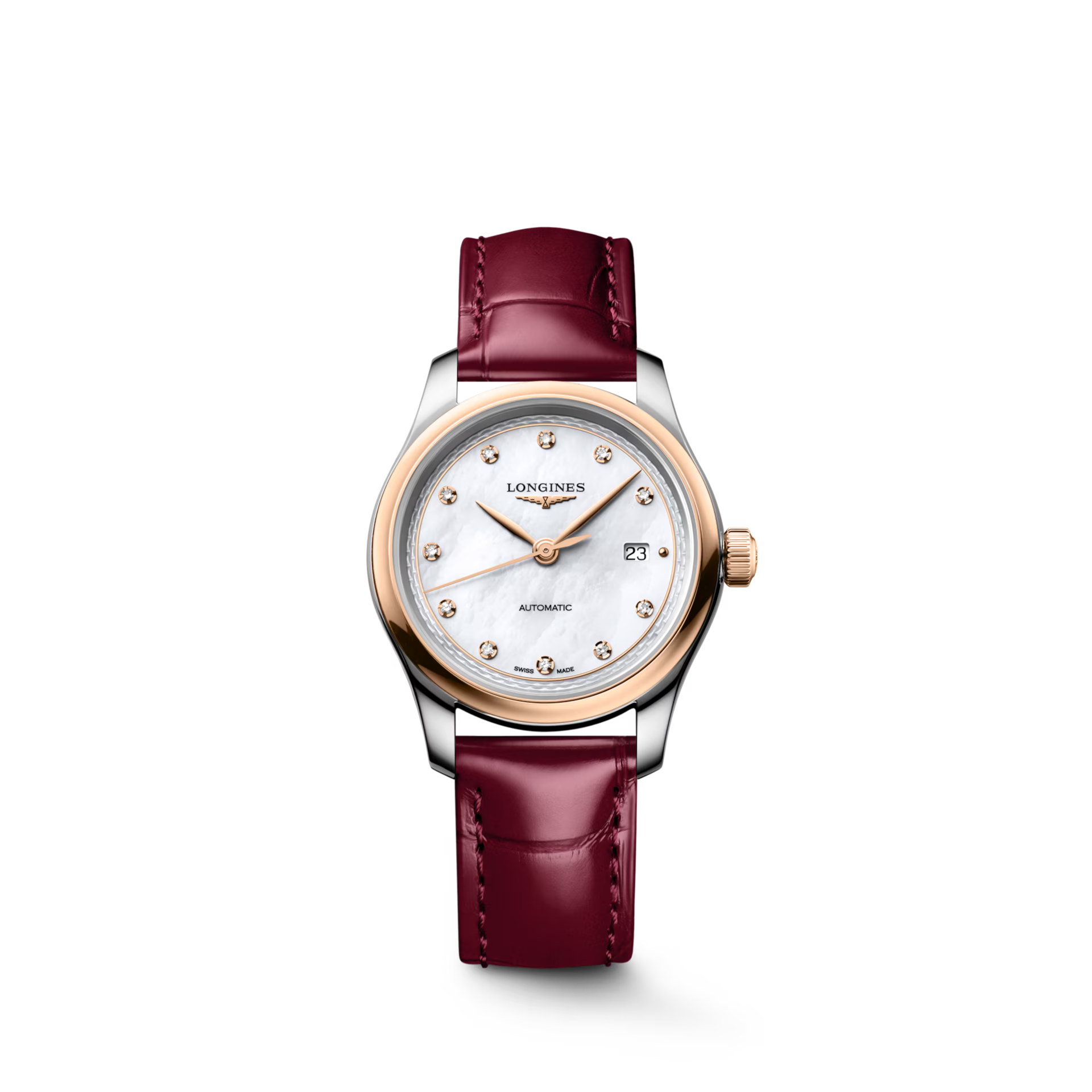 Master | 30mm, Stainless Steel and 18K Rose Gold, White mother-of-pearl Dial, Bordeaux Alligator Leather, Womens Watch