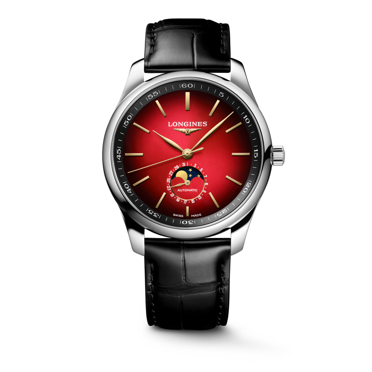 Experience elegance with the Longines Master Collection Year of the Horse: a luxury wristwatch featuring a black leather strap, silver case, red dial, gold hands and markers, and a subdial displaying moon phase and date.