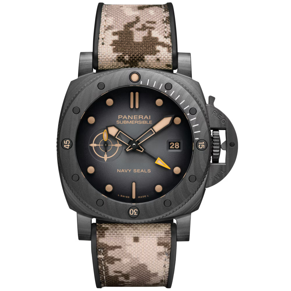 The Panerai Submersible QuarantaQuattro GMT Navy SEALs Carbotech™ features a dark round dial, date display, gold accents, black bezel with crown guard, power reserve of 3 days, and a tan-black camouflage strap.