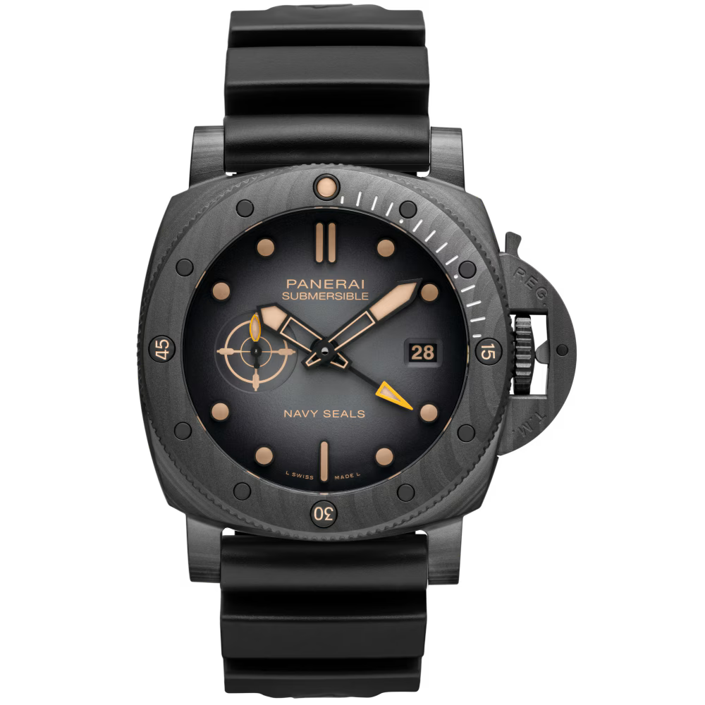 Panerai Submersible QuarantaQuattro GMT Navy SEALs Carbotech™: black round dial with target design, gold accents, date at 3 o’clock, 3-day power reserve, and black rubber strap.