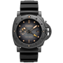 Panerai Submersible QuarantaQuattro GMT Navy SEALs Carbotech™: black round dial with target design, gold accents, date at 3 o’clock, 3-day power reserve, and black rubber strap.